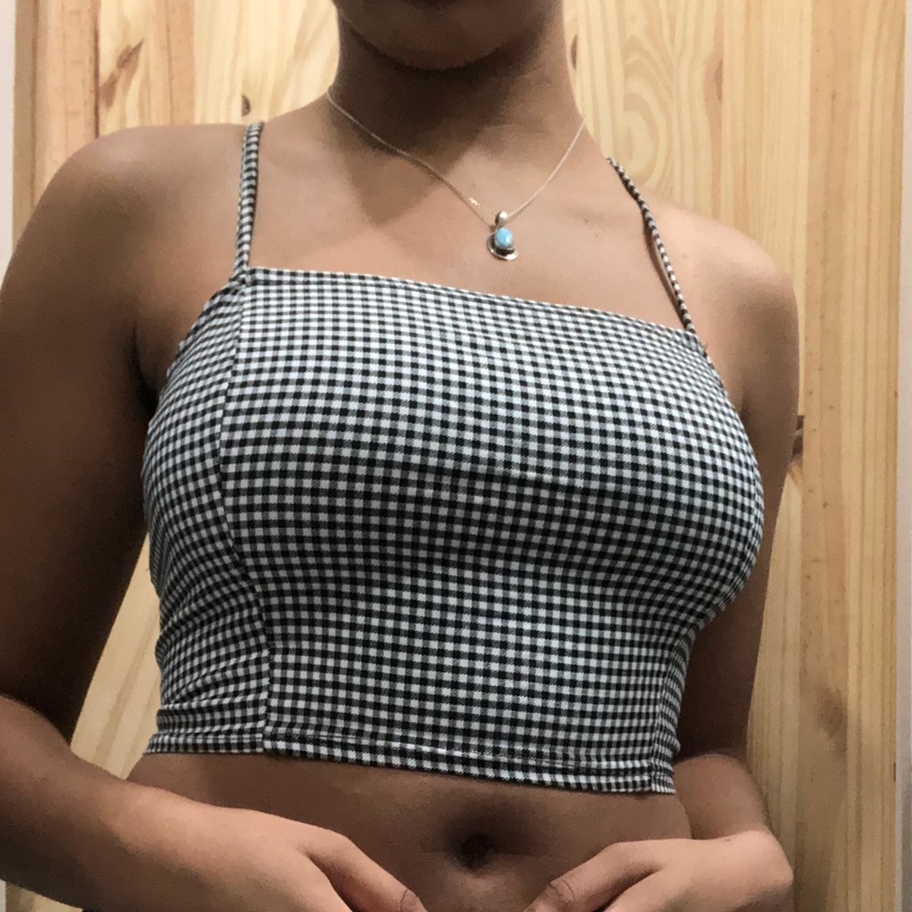 Checkered crop top with a crisscross tie back!